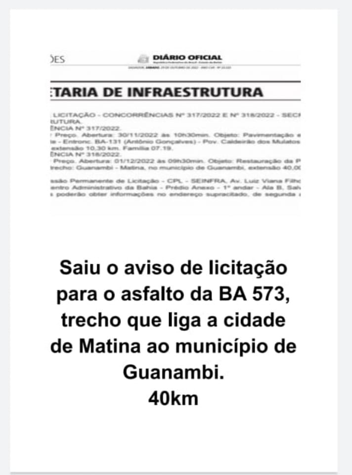 MISSÃO CUMPRIDA: IVANA BASTOS ANUNCIA LICITAÇÃO DO ASFALTO GUANAMBI/MATINA