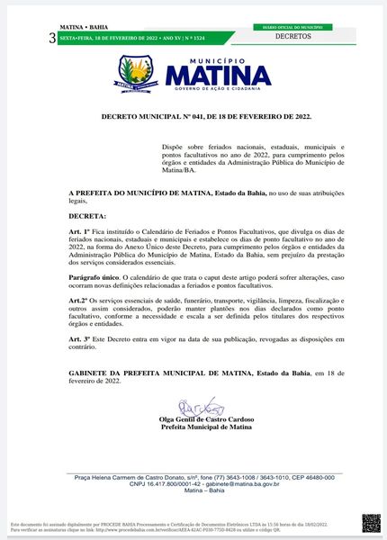 DECRETO MUNICIPAL Nº 041 de 18 de fevereiro de 2022 Estabelece Feriado Municipais e facultativos no ano de 2022.